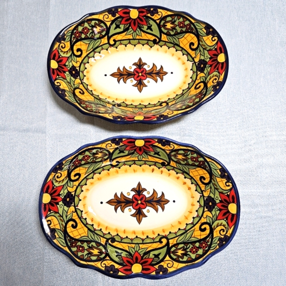 Corsica Crown Jewel 2 Handpainted Hamdcrafted Oval Platters Spanish Western‎ 13"